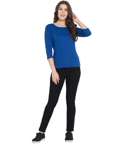 American-Elm Blue Round Neck Slim fit 3/4th Sleeve Tshirt for Women Daily Usage (Royal Blue)