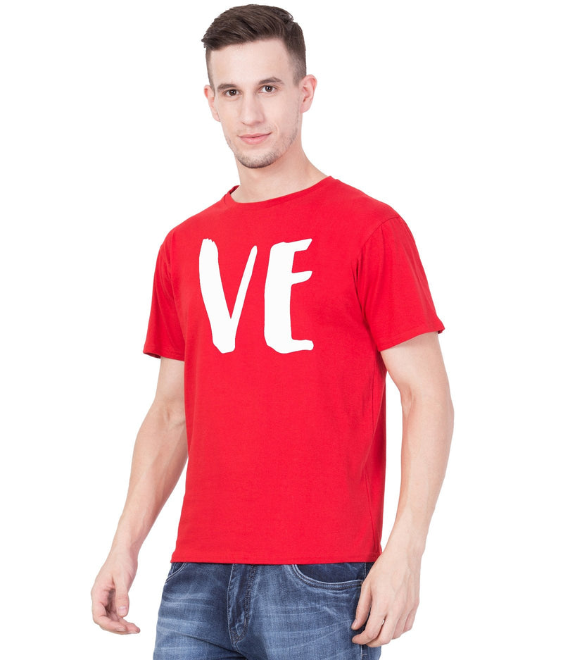 American-Elm Couple Love Printed Half Sleeves Red Casual T-Shirt