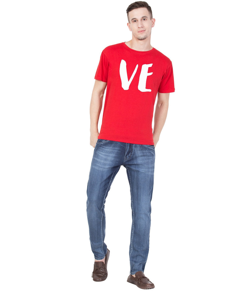 American-Elm Couple Love Printed Half Sleeves Red Casual T-Shirt