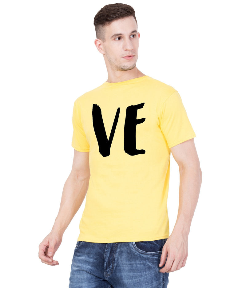 American-Elm Couple Yellow Cotton Printed Love Casual Half Sleeve T-Shirt