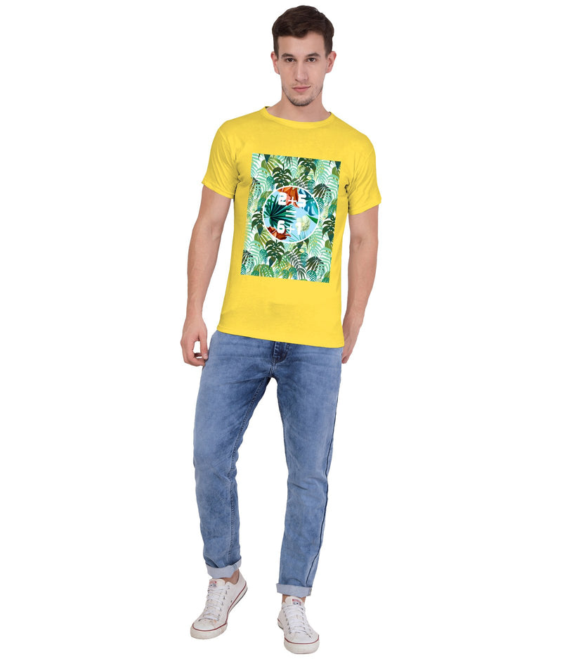 American-Elm American-Elm Men Yellow Cotton Half Sleeve Round Neck Printed T-Shirt Hapuka T Shirt-Men
