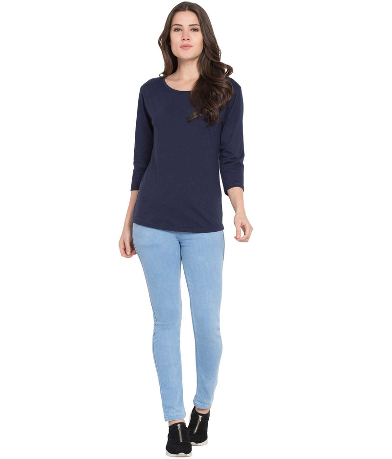 American-Elm Navy Blue Tee Tops Lightweight 100% Cotton 3/4-Sleeve Scoop Neck T-Shirt for Women