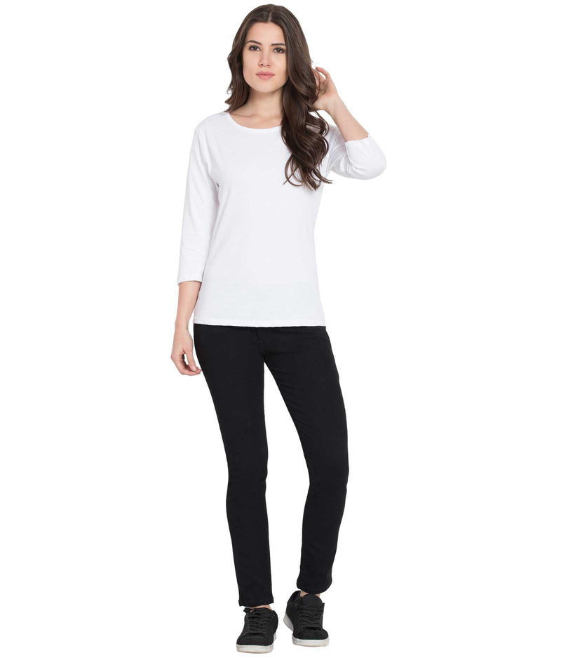 American-Elm Round Neck Tshirts for Women| Solid Cotton 3/4th Sleeves White Women&