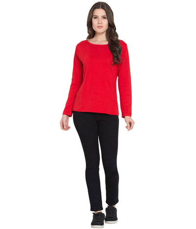 American-Elm Slim fit Round Neck Full Sleeve Red Tshirts for Women