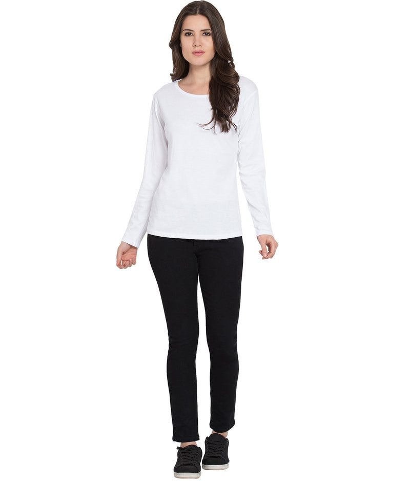 American-Elm White Full Sleeve Tshirt for Women| Cotton Plain Round Neck Tshirt for Women