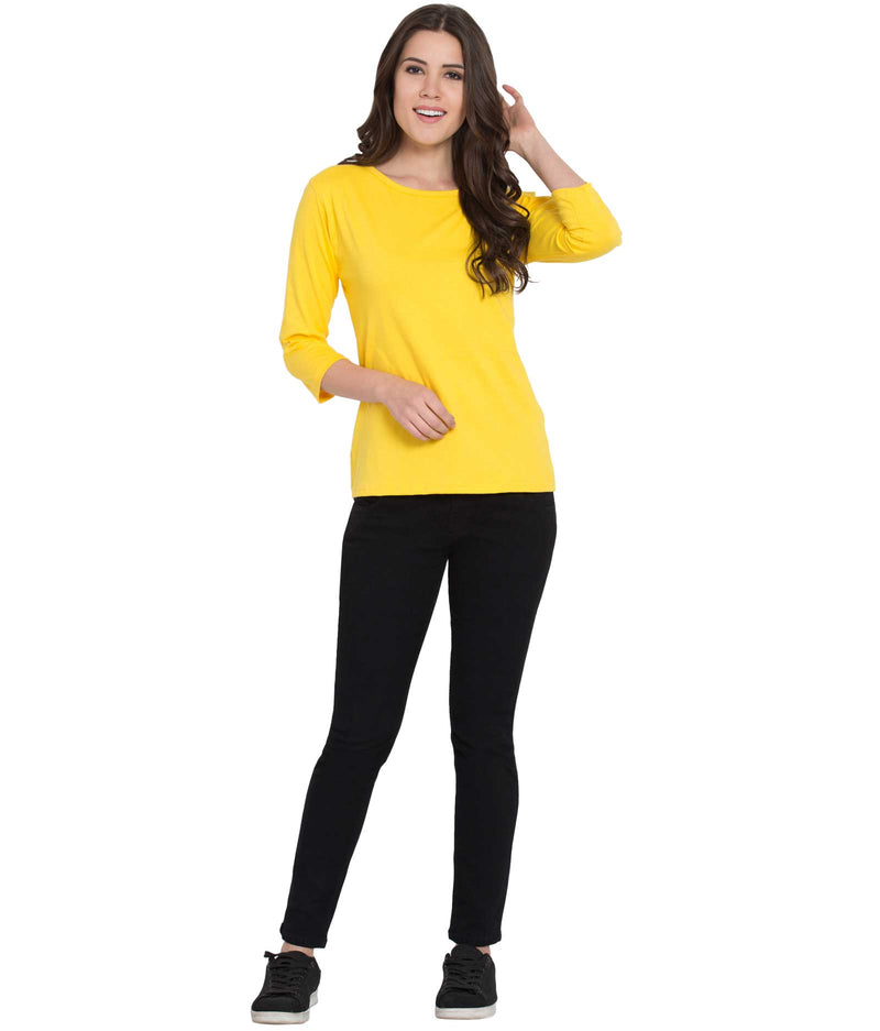 American-Elm Yellow Cotton Tshirt For Women| Slim fit 3/4th Sleeve Casual Tee Tops