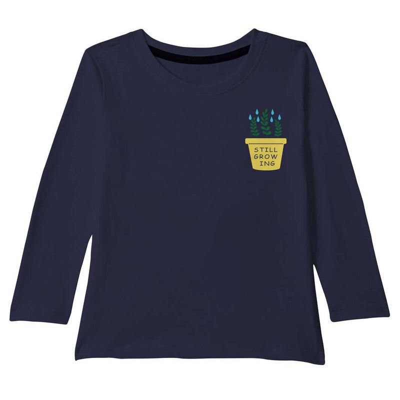 AmericanElm Navy Blue Flower Pot Printed Cotton Full Sleeves T-shirts for Kids Girls