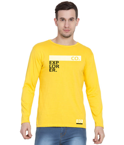 American-Elm AmericanElm Yellow Printed Cotton Round Neck T-shirts for Men Full sleeves- Explorer 80 Hapuka T Shirt-Men