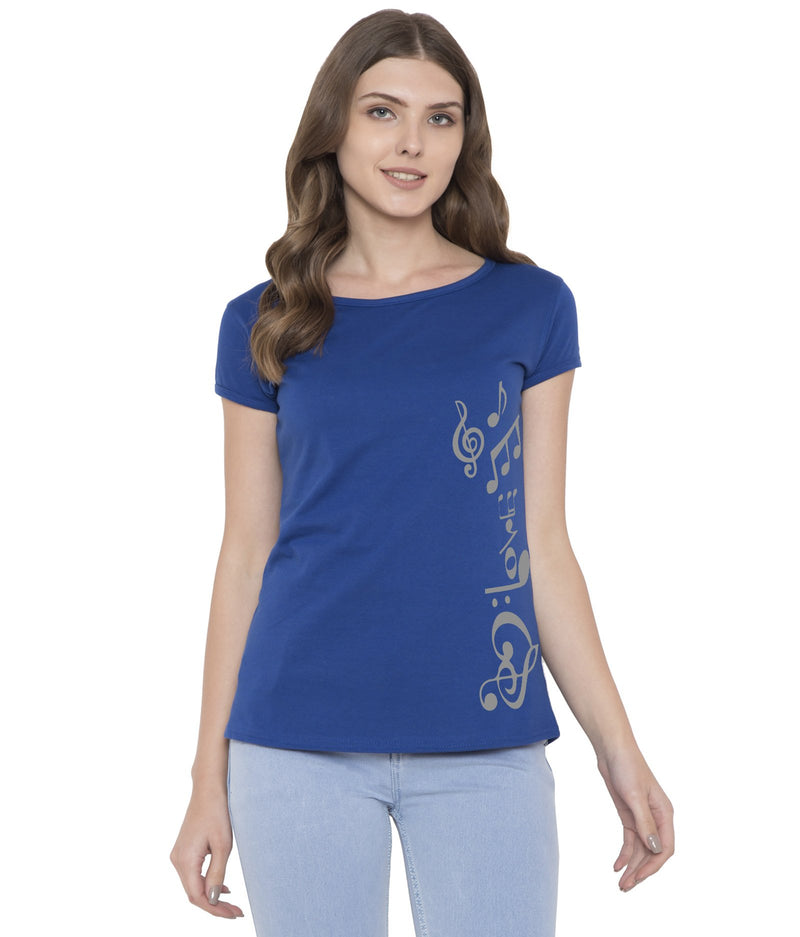 Cliths Cliths Musical Royal Blue Cotton Printed Cap Sleeves T-Shirt for Women Hapuka T Shirt Women