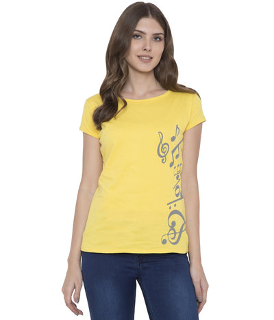 Cliths Cliths Musical Yellow Round Neck Cotton Printed T-Shirt for Women Hapuka T Shirt Women