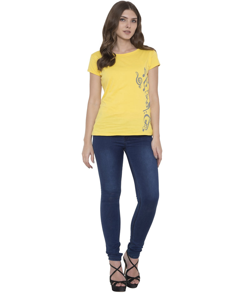 Cliths Cliths Musical Yellow Round Neck Cotton Printed T-Shirt for Women Hapuka T Shirt Women