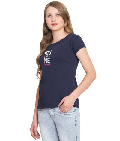 Cliths Cliths Women's Navy Blue Slim Fit Cotton Stylish Regular Fit Round Neck Printed T-shirts For Daily Wear Hapuka T Shirt Women