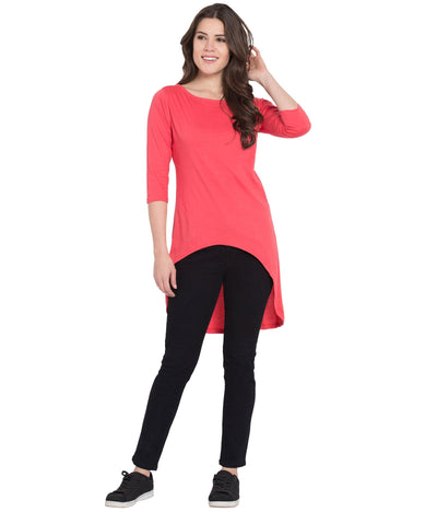 American-Elm Pink Long Tshirt Dress For Women Round Neck Stylish Long Cool Top Tshirt for Women