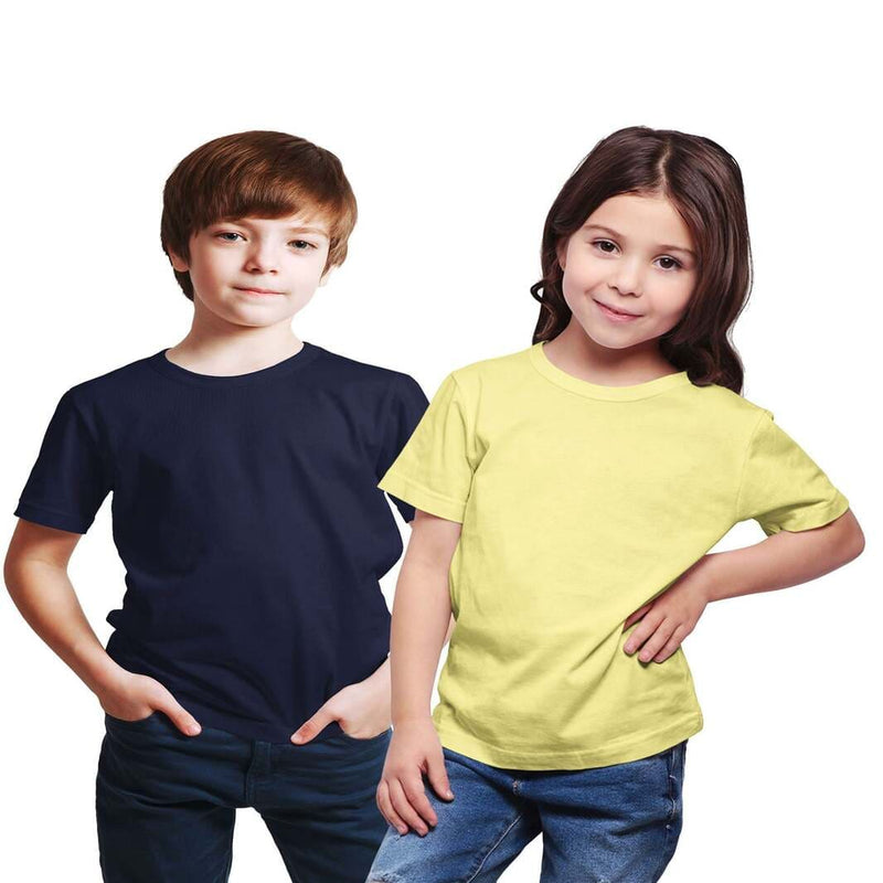 Haoser Sister and Brother Combo Pack Solid Cotton Stylish T-Shirt Navy Blue/ Yellow
