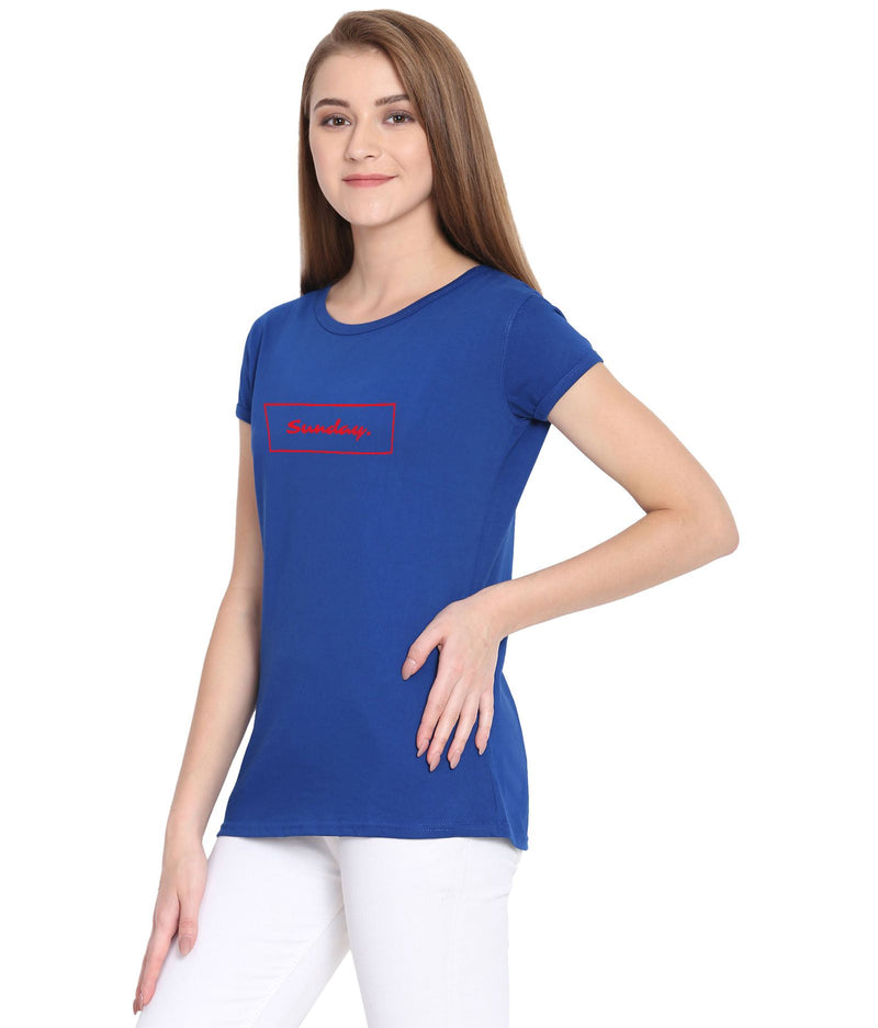 Haoser Haoser Sunday Typographic Red Printed Half Sleeve Round Neck 100% Royal Blue T-Shirt For Women&