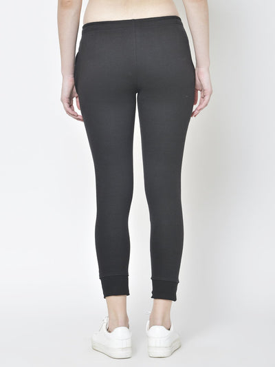 American-Elm American-Elm Women's Black Solid Slim Fit Cotton Track Joggers / Track Pants Hapuka Track Pant & Joggers-Women