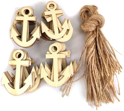 Cliths Unfinished Anchor Tags with Twine Laser Cut Wooden Hanging Gift Tags for Wedding Crafts DIY Projects Pack of 48 Ornaments