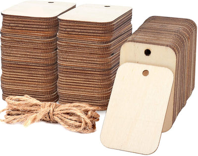 Haoser 100 Pcs Unfinished Wood Pieces Rectangle-Shaped, Light Wooden Cutout Natural Rustic with Hole