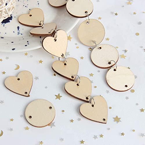 Whittlewud Pack of 400 Pieces in Total, 200 Pcs Wooden Circles Wooden Heart Discs with Holes and 200 Pcs, Art Crafts