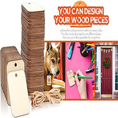Whittlewud Pack of 50 Pcs Unfinished (2In x 1.3In) Wood Pieces Rectangle-Shaped, Light Cutout Wood with Hole, and 2M Hemp Rope, for Craft Projects