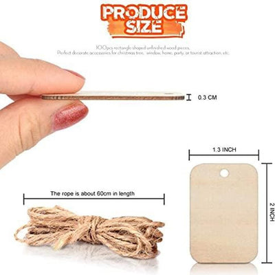Whittlewud Pack of 50 Pcs Unfinished (2In x 1.3In) Wood Pieces Rectangle-Shaped, Light Cutout Wood with Hole, and 2M Hemp Rope, for Craft Projects