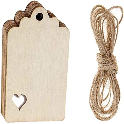 Whittlewud Pack of 50 Unfinished Wood Pieces (3.15In x 1.5In) Rectangle-Shaped, Wooden Cutout Natural Wood with Hole and Hemp Rope for Craft Projects.